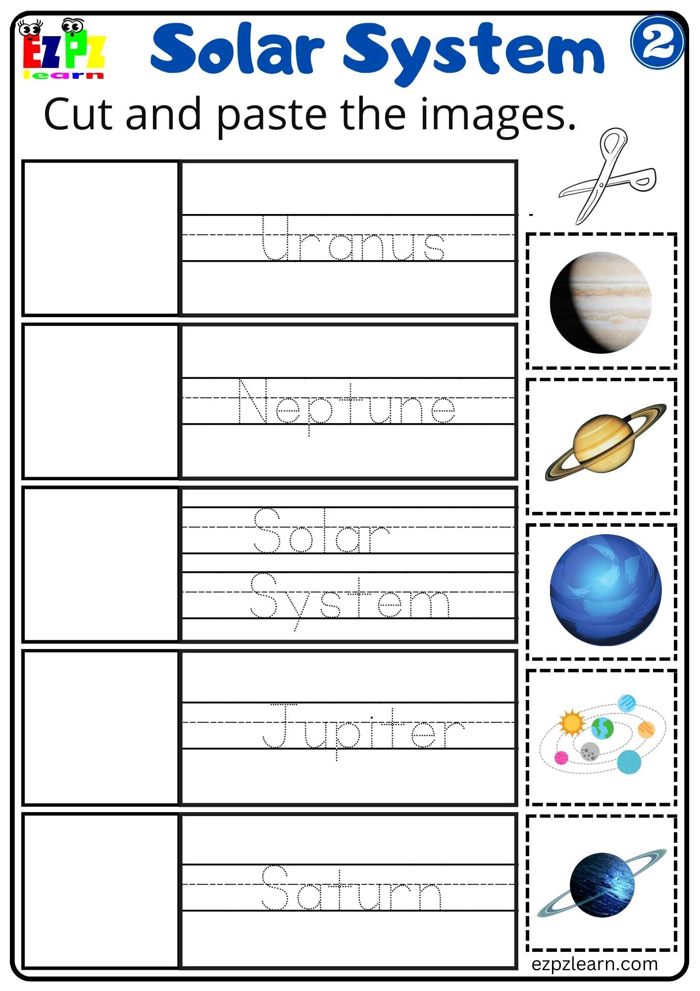 Solar System Cut And Paste Worksheet 2 For Kids - Ezpzlearn.com